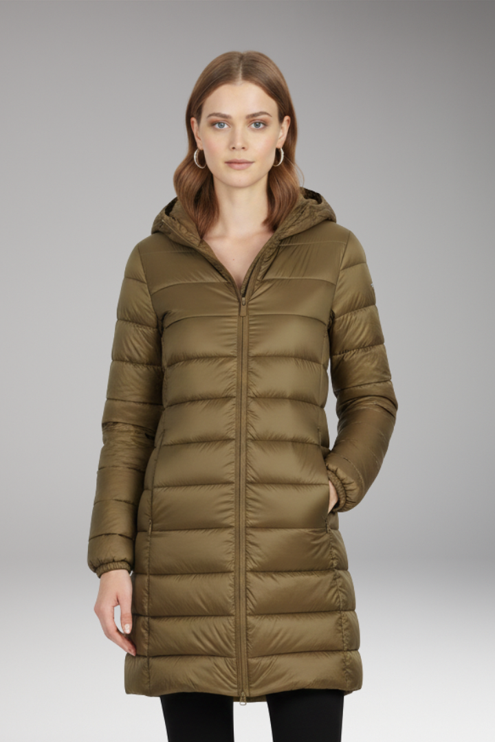 Women's Long Jacket with Hood and Quilted Surface