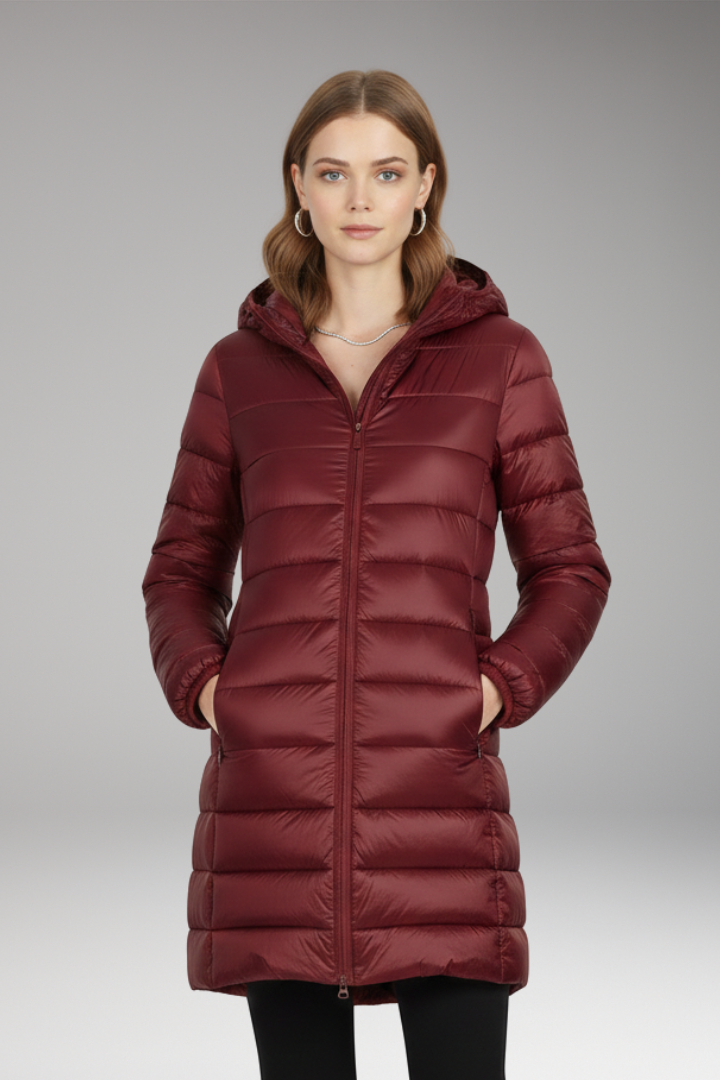 Women's Long Jacket with Hood and Quilted Surface
