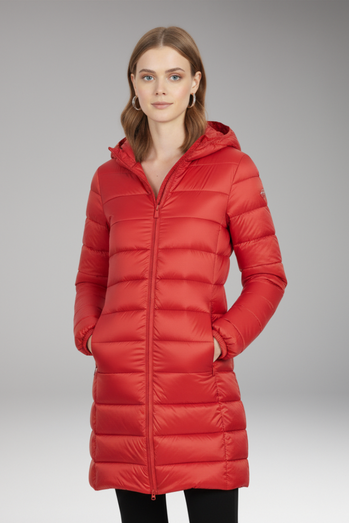 Women's Long Jacket with Hood and Quilted Surface