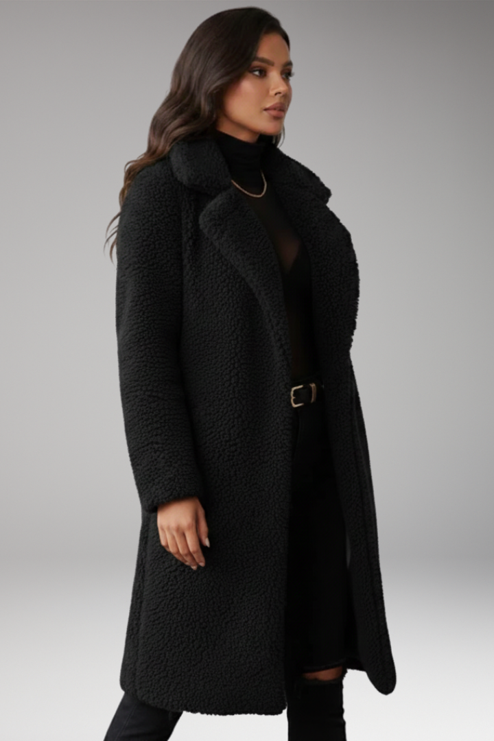 Women's Long Jacket with Lapels and Textured Surface