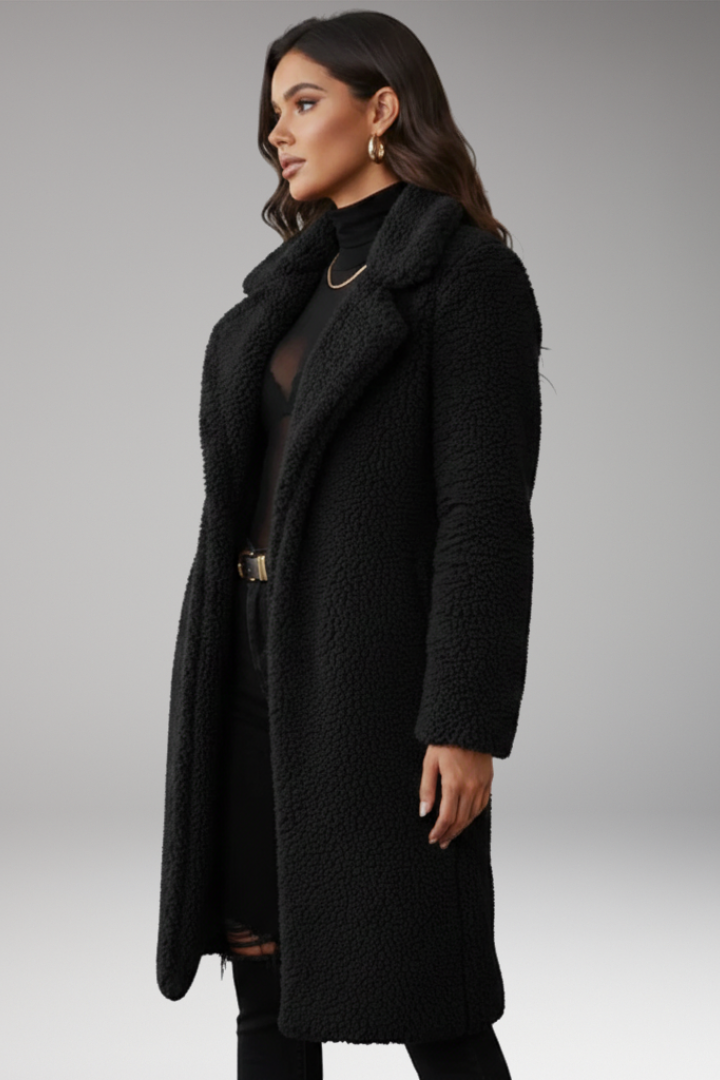 Women's Long Jacket with Lapels and Textured Surface