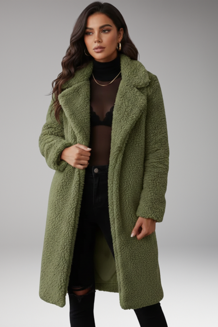 Women's Long Jacket with Lapels and Textured Surface
