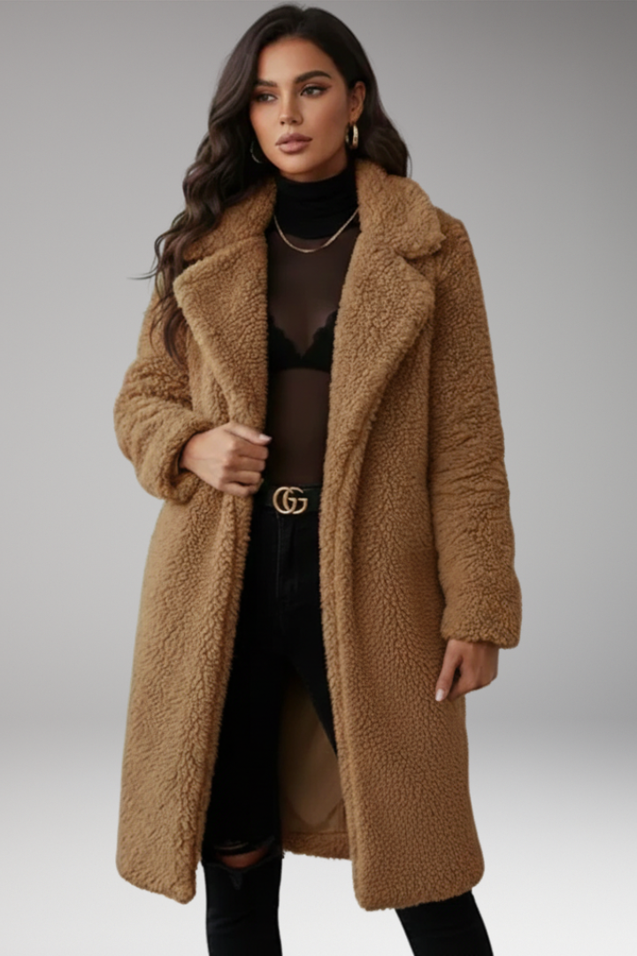 Women's Long Jacket with Lapels and Textured Surface