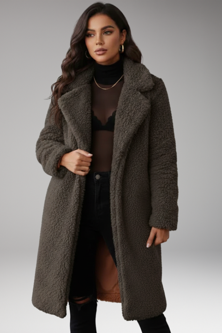 Women's Long Jacket with Lapels and Textured Surface