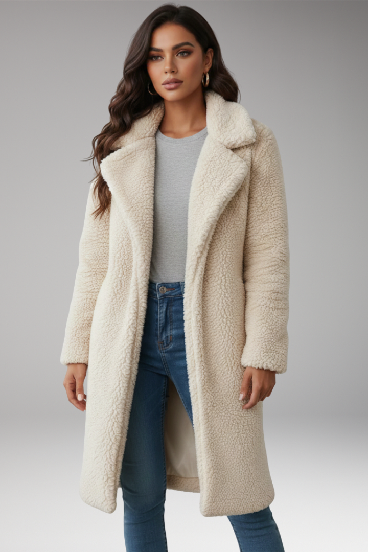 Women's Long Jacket with Lapels and Textured Surface