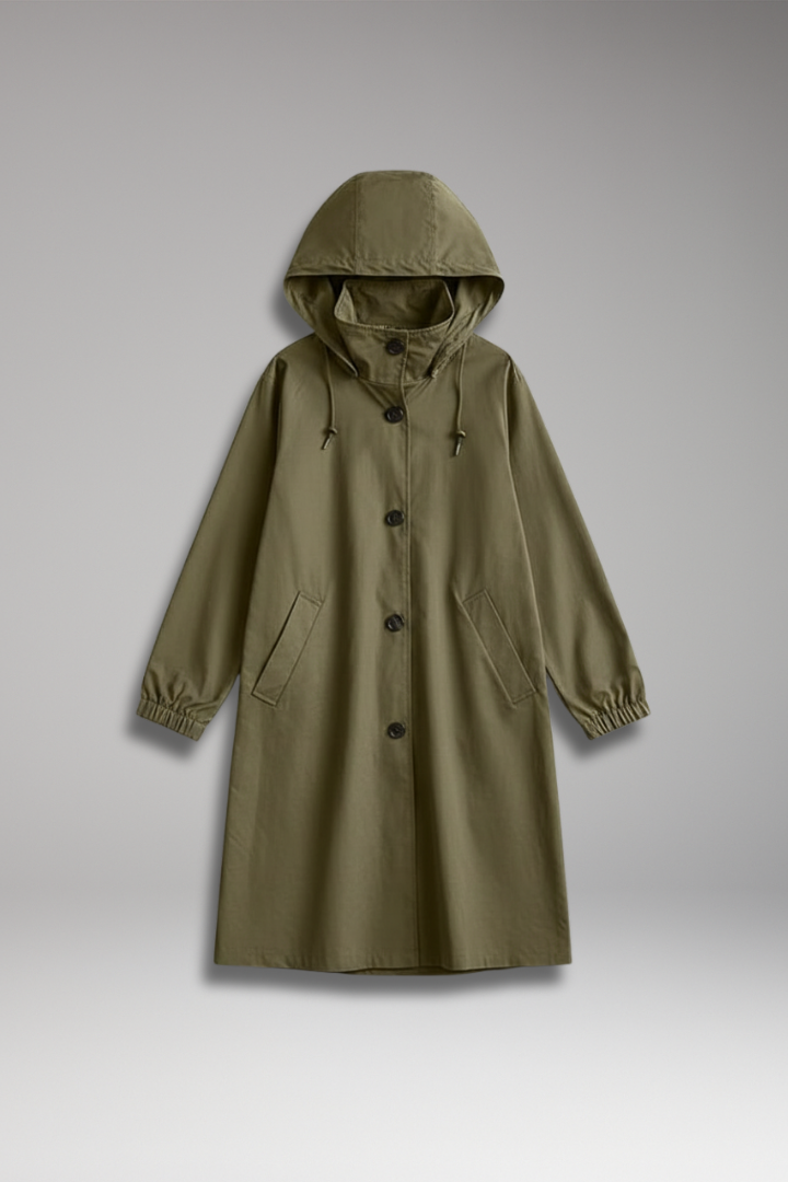 Women's Long Raincoat with Adjustable Hood and Side Pockets