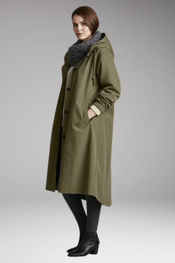 Women's Long Raincoat with Adjustable Hood and Side Pockets