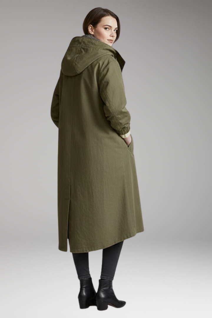 Women's Long Raincoat with Adjustable Hood and Side Pockets