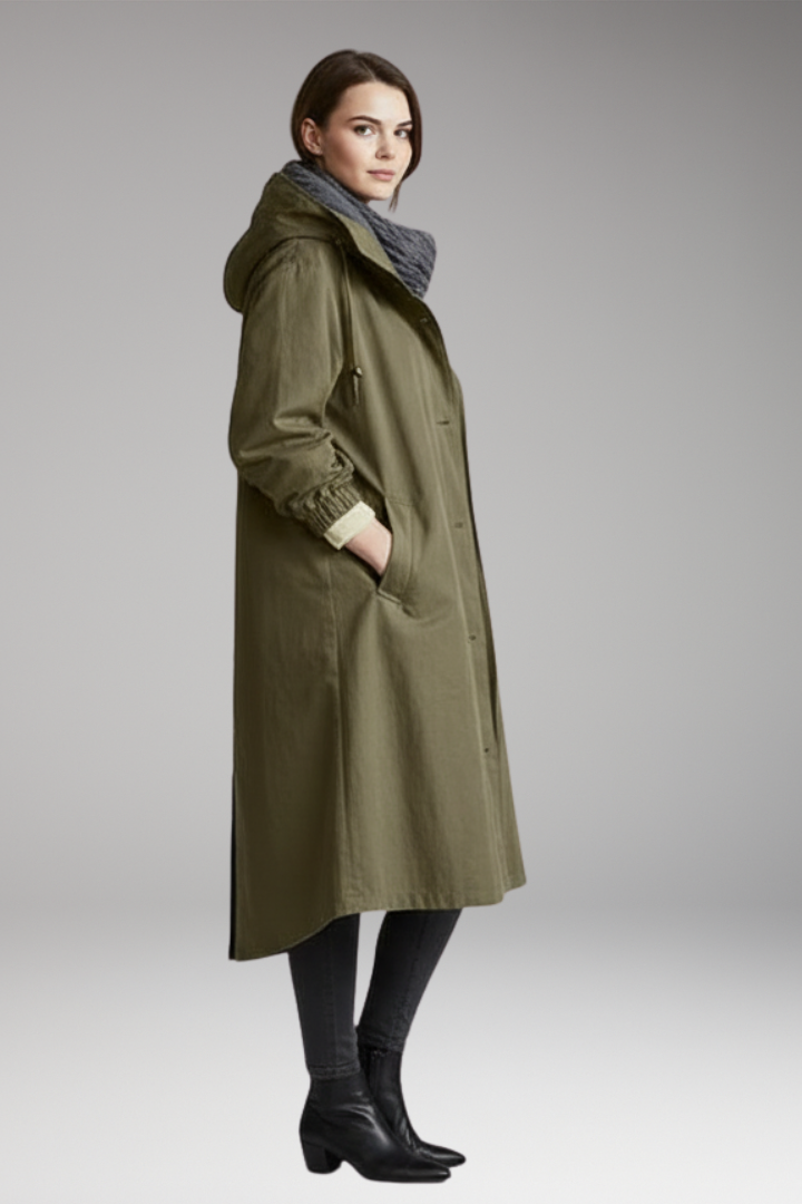 Women's Long Raincoat with Adjustable Hood and Side Pockets