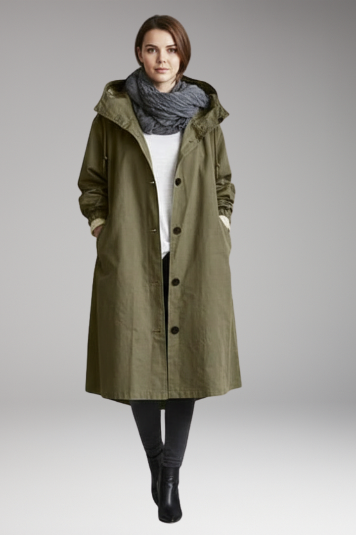 Women's Long Raincoat with Adjustable Hood and Side Pockets