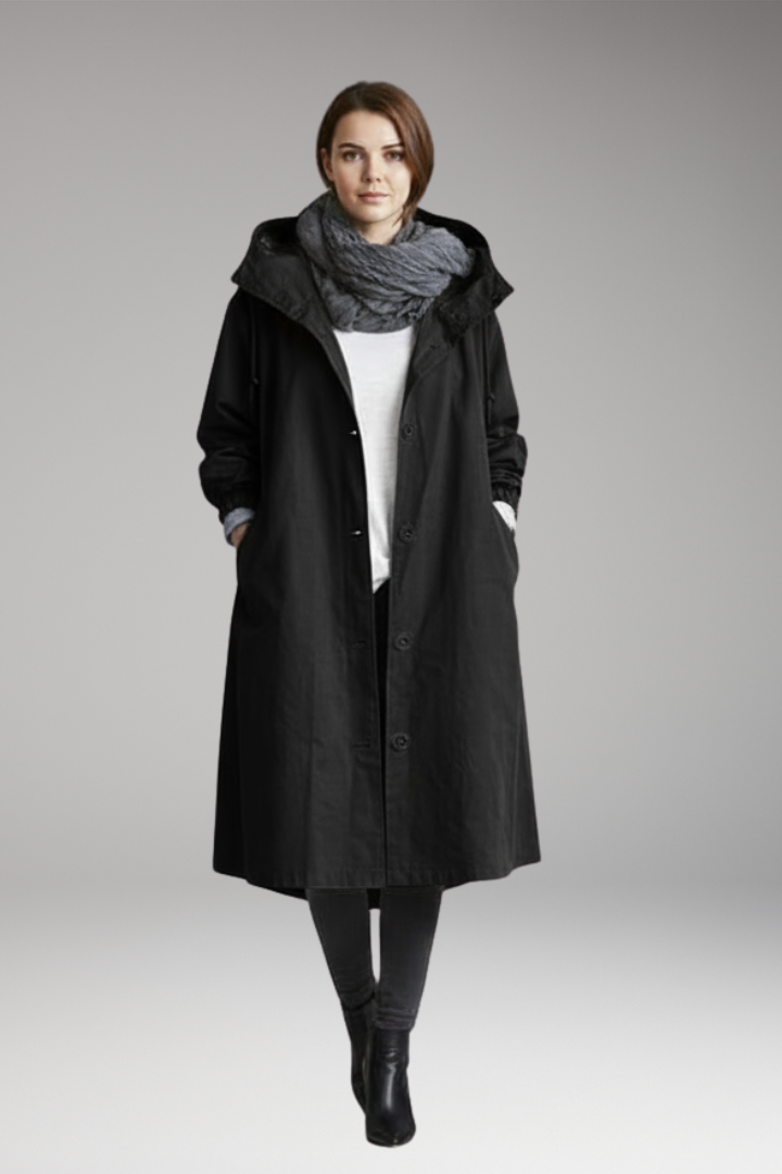 Women's Long Raincoat with Adjustable Hood and Side Pockets