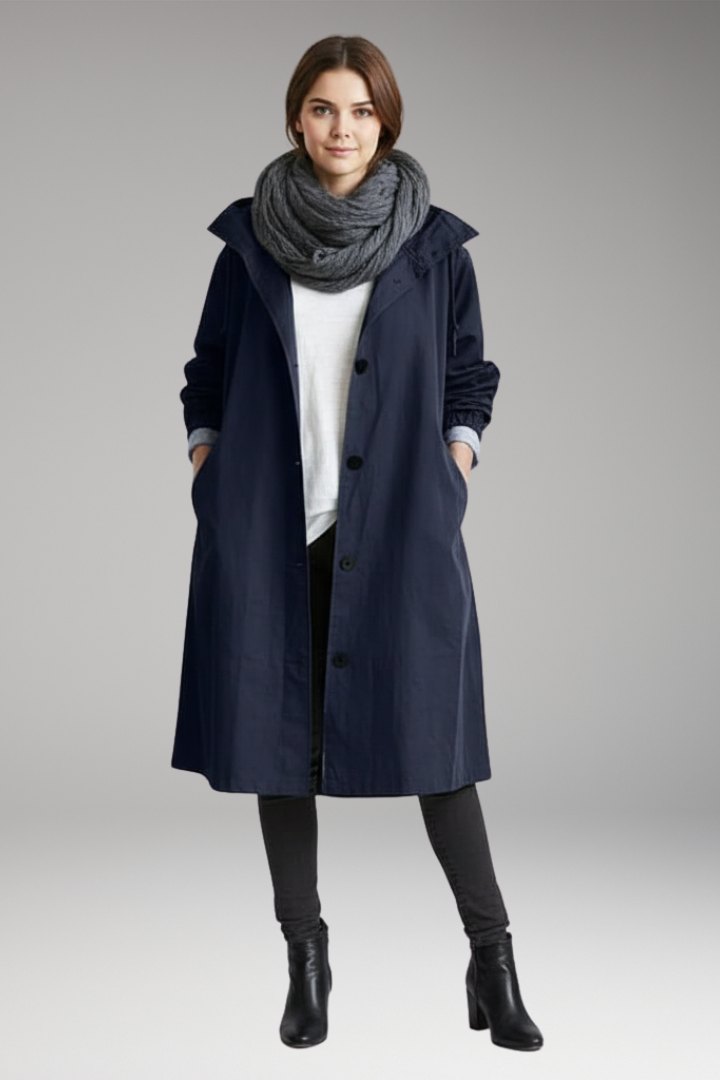 Women's Long Raincoat with Adjustable Hood and Side Pockets