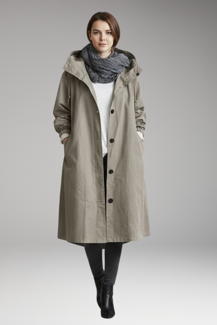Women's Long Raincoat with Adjustable Hood and Side Pockets