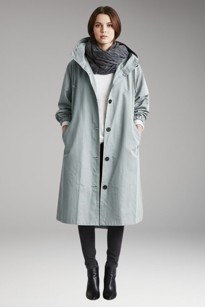 Women's Long Raincoat with Adjustable Hood and Side Pockets