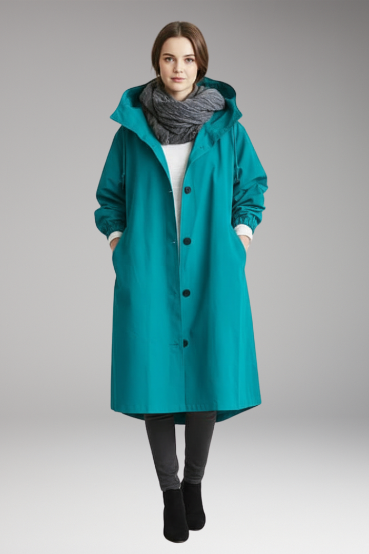 Women's Long Raincoat with Adjustable Hood and Side Pockets