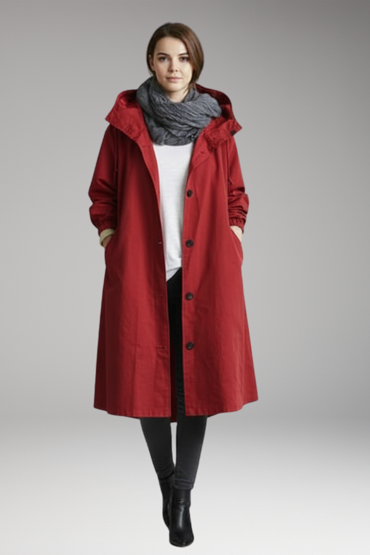 Women's Long Raincoat with Adjustable Hood and Side Pockets