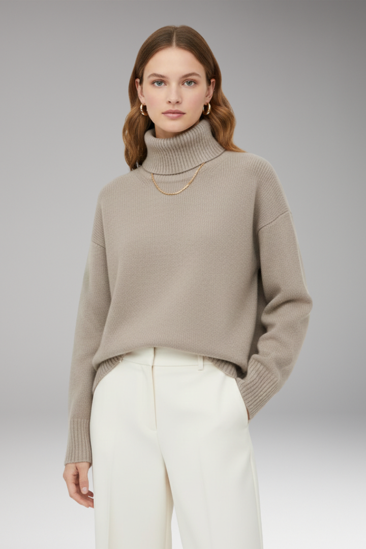 Women's Oversized Sweater with High Neck and Ribbed Finish