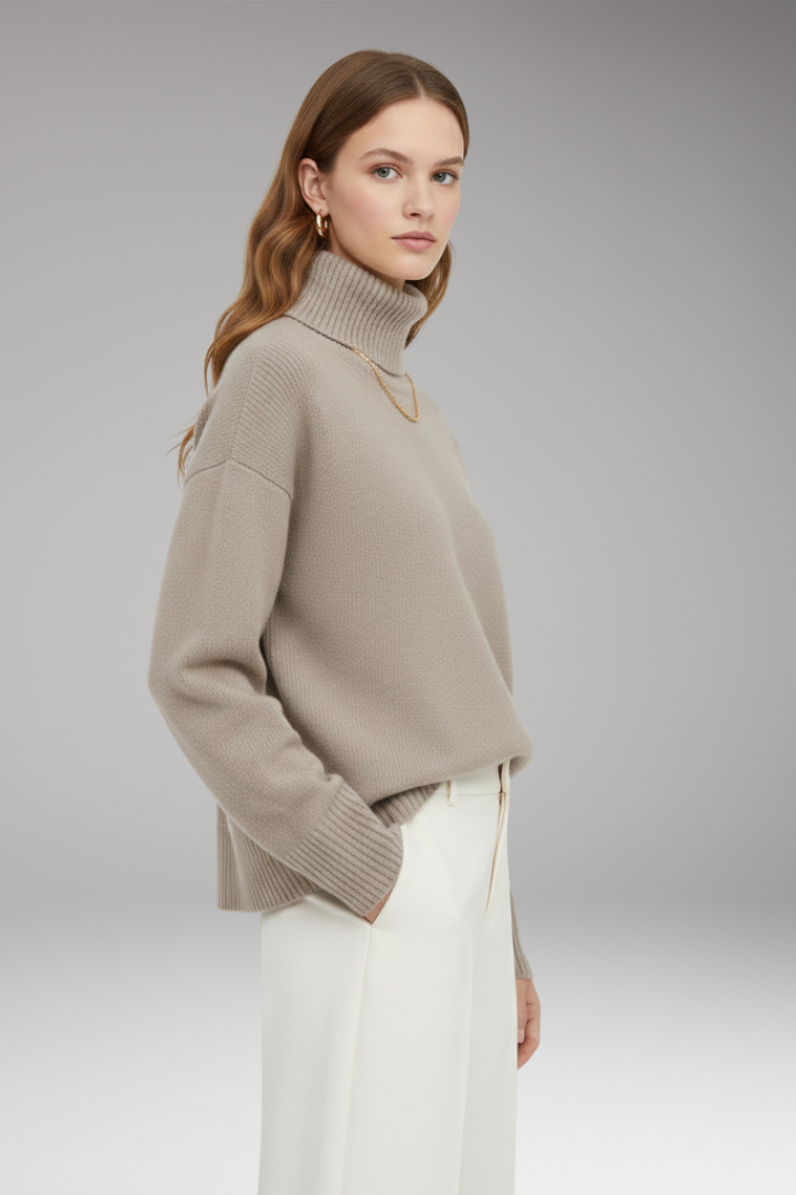 Women's Oversized Sweater with High Neck and Ribbed Finish