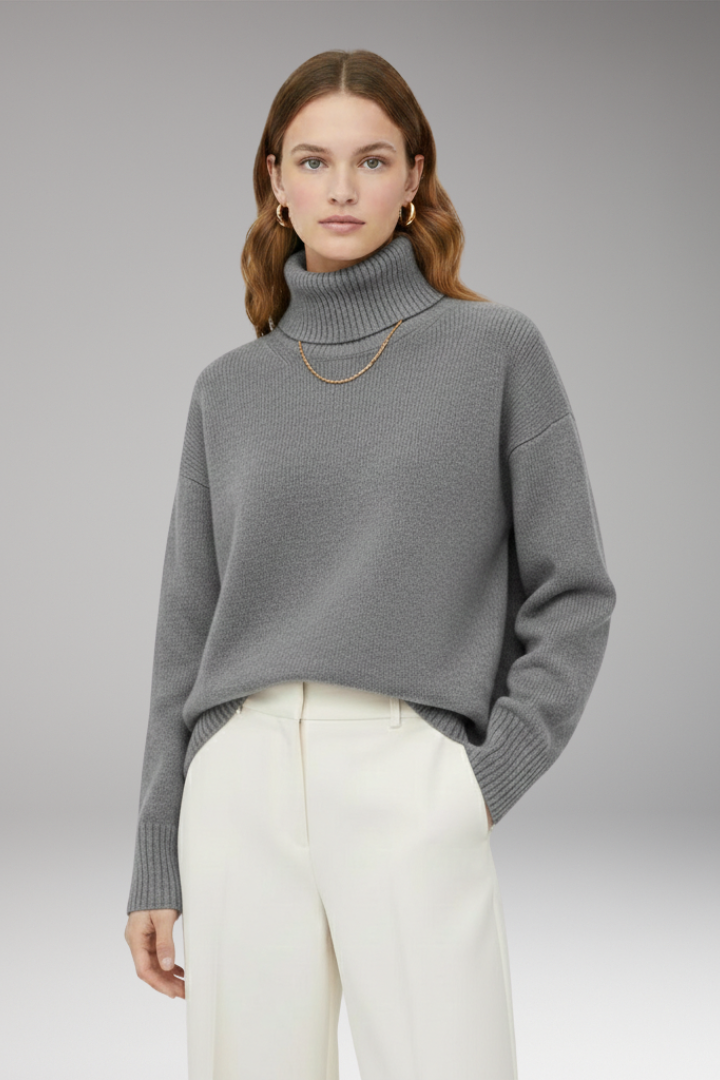 Women's Oversized Sweater with High Neck and Ribbed Finish