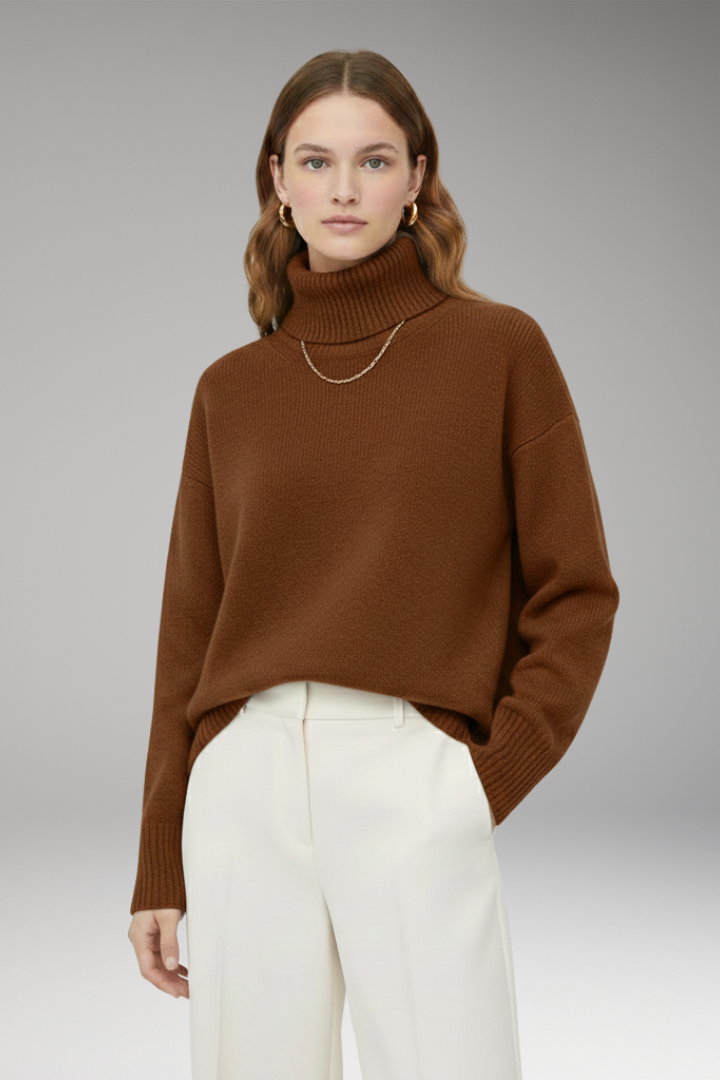 Women's Oversized Sweater with High Neck and Ribbed Finish
