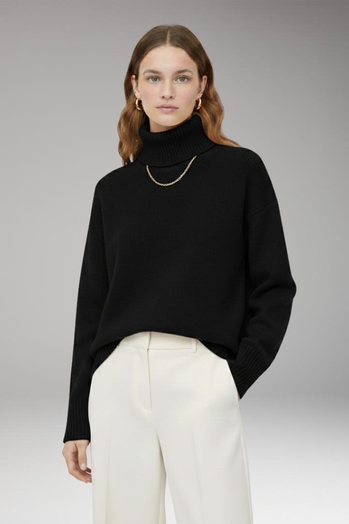 Women's Oversized Sweater with High Neck and Ribbed Finish