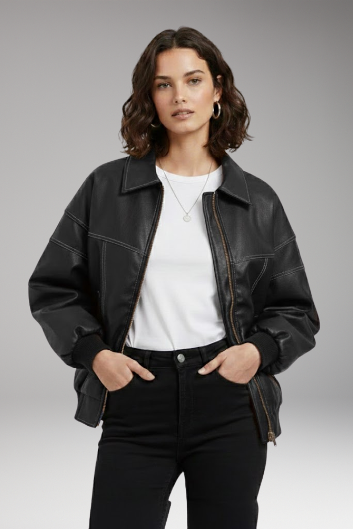 Women's Padded Bomber Jacket with Zipper and Ribbed Edges