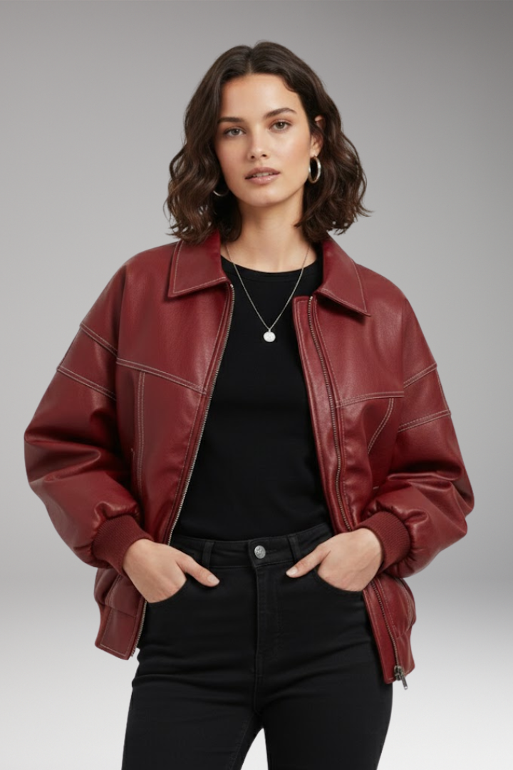 Women's Padded Bomber Jacket with Zipper and Ribbed Edges