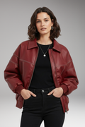 Women's Padded Bomber Jacket with Zipper and Ribbed Edges