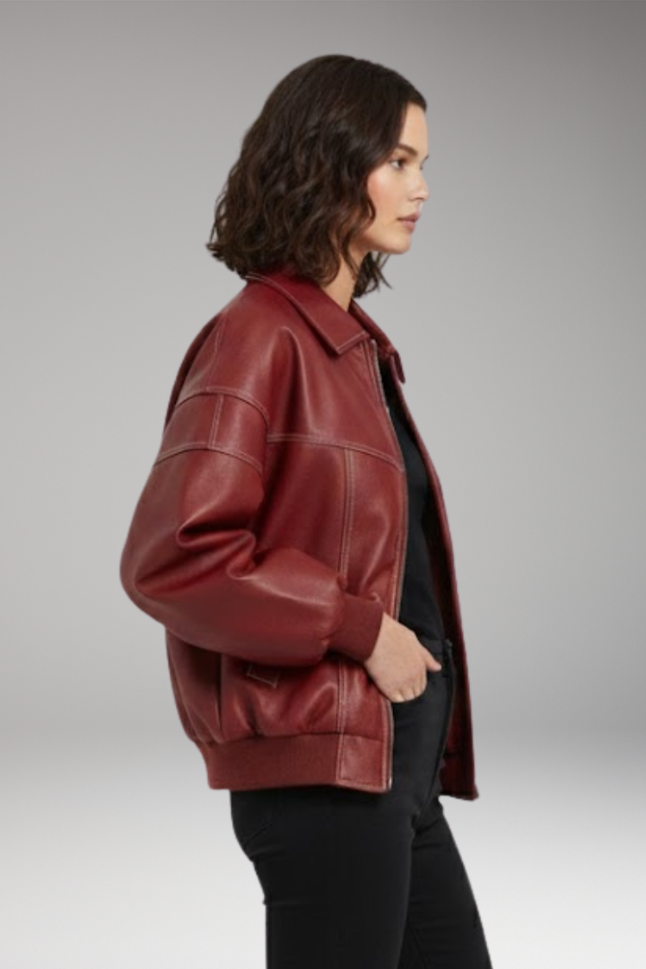 Women's Padded Bomber Jacket with Zipper and Ribbed Edges