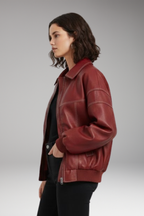 Women's Padded Bomber Jacket with Zipper and Ribbed Edges