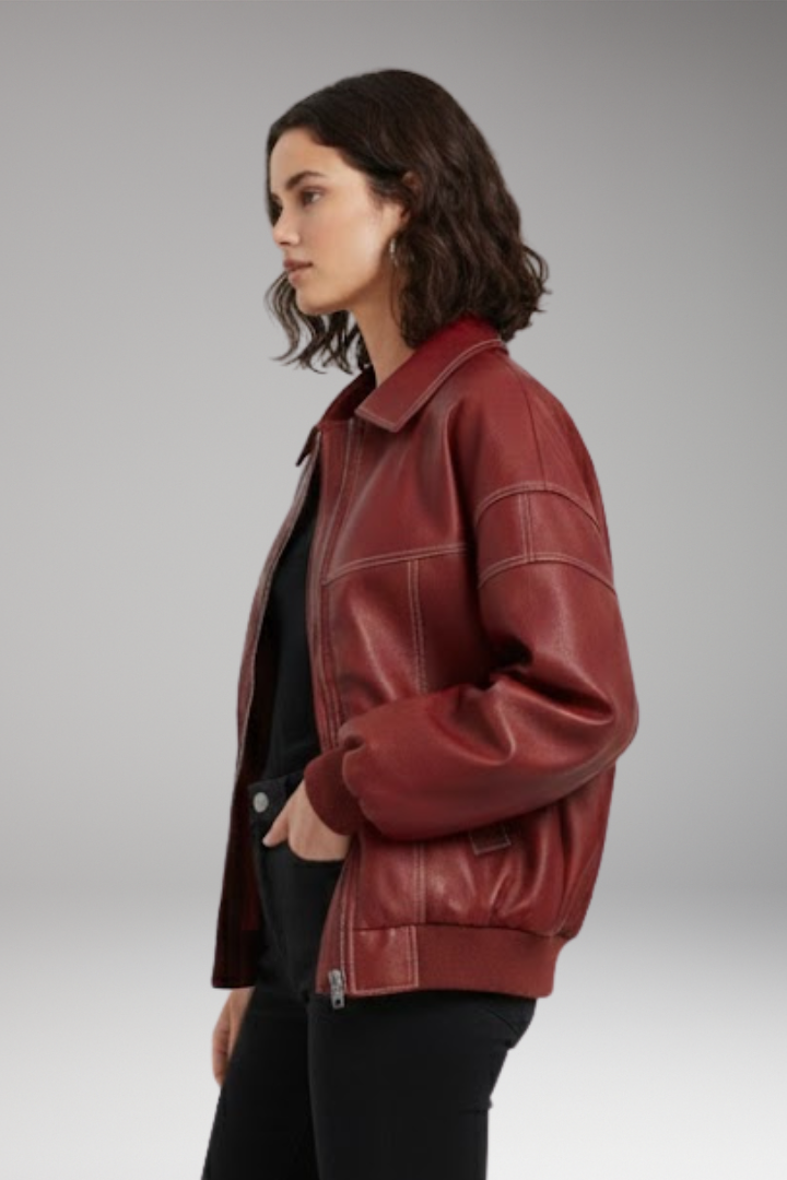 Women's Padded Bomber Jacket with Zipper and Ribbed Edges