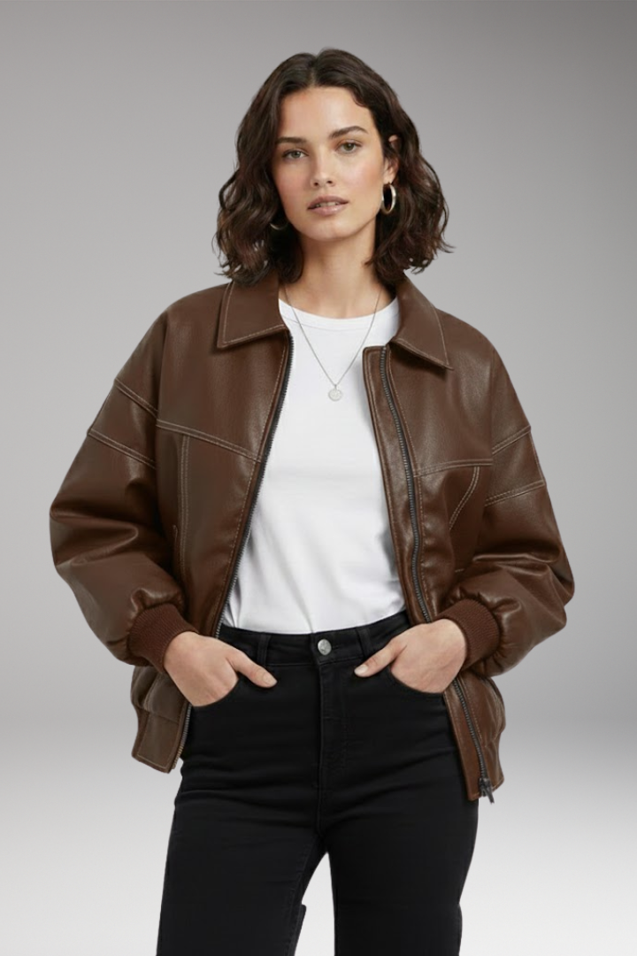 Women's Padded Bomber Jacket with Zipper and Ribbed Edges