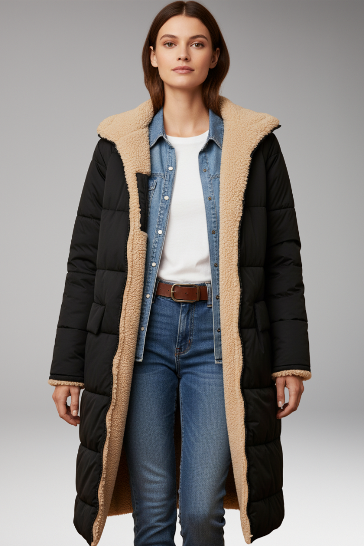 Women's Padded Coat with Hood and Reversible Design