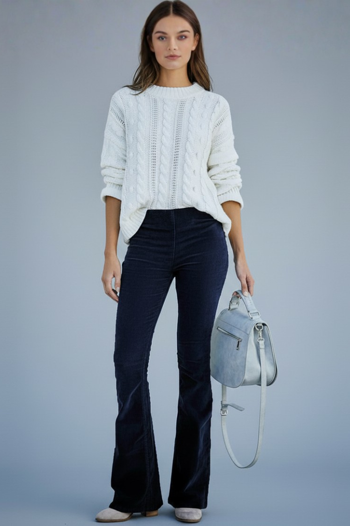 Women's Pants with Ribbed Surface and Flared Legs