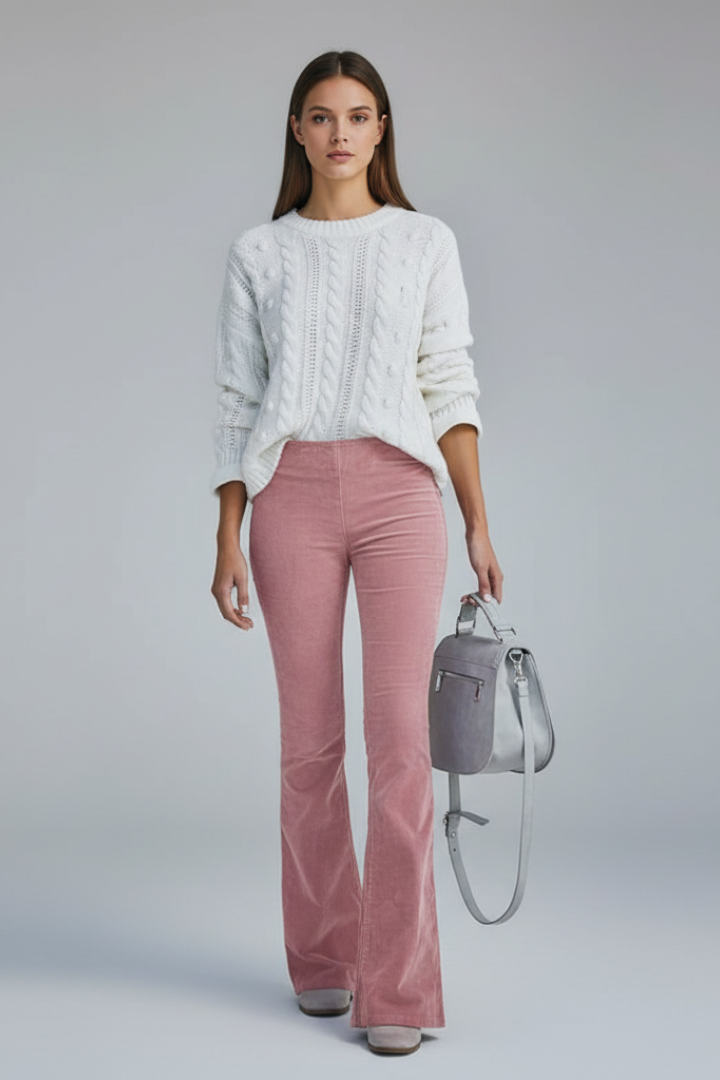 Women's Pants with Ribbed Surface and Flared Legs