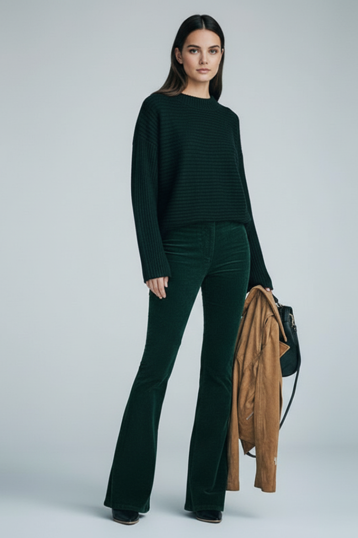 Women's Pants with Ribbed Surface and Flared Legs