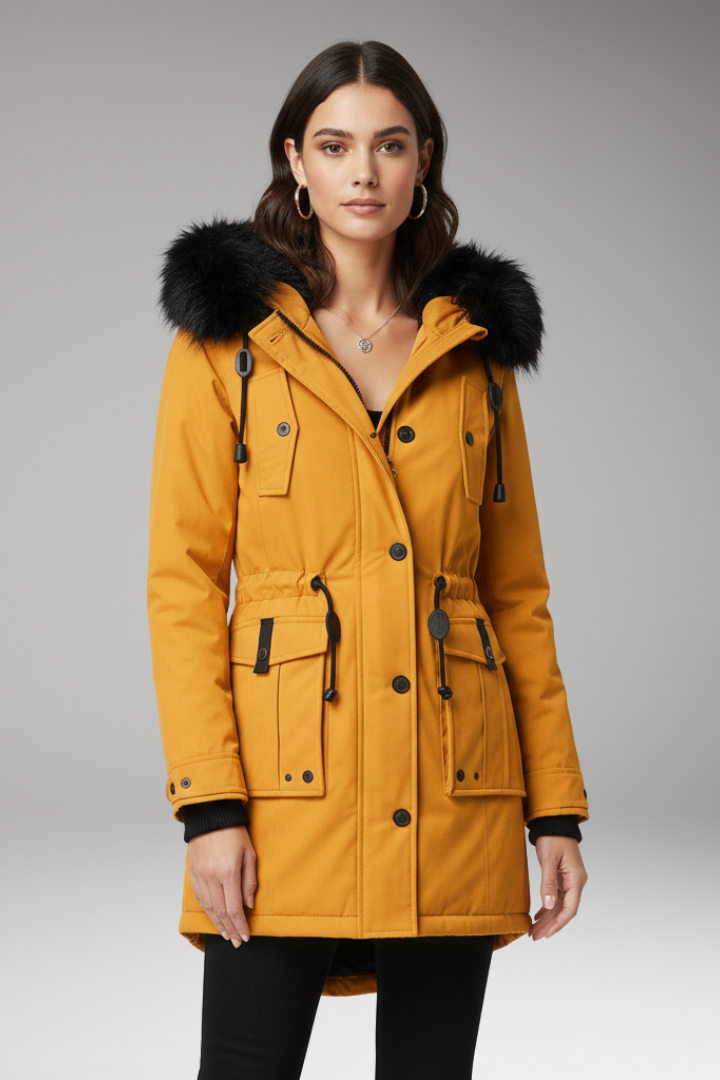Women's Parka Jacket with Hood and Button Closures