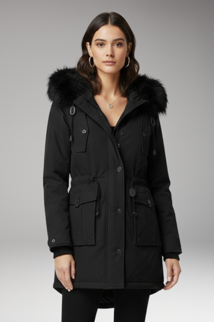 Women's Parka Jacket with Hood and Button Closures