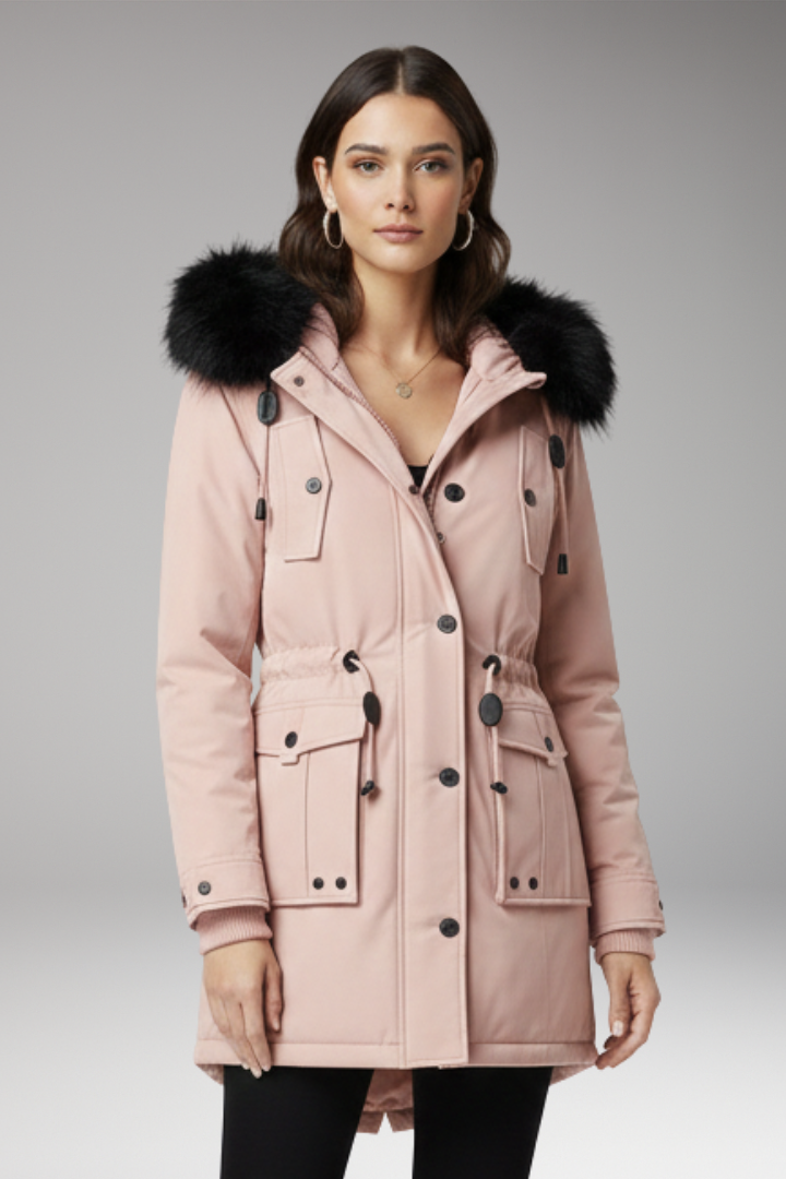 Women's Parka Jacket with Hood and Button Closures