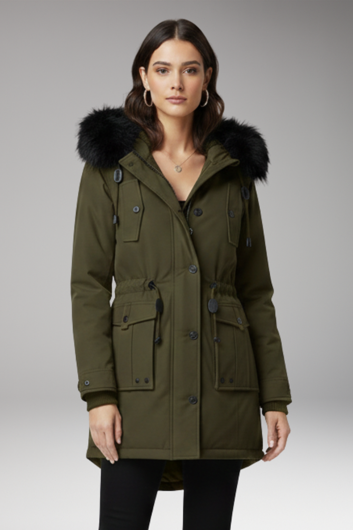 Women's Parka Jacket with Hood and Button Closures