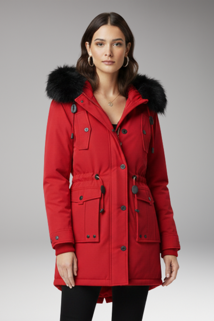 Women's Parka Jacket with Hood and Button Closures