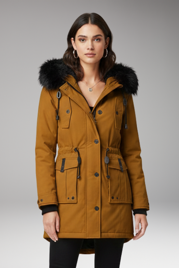 Women's Parka Jacket with Hood and Button Closures