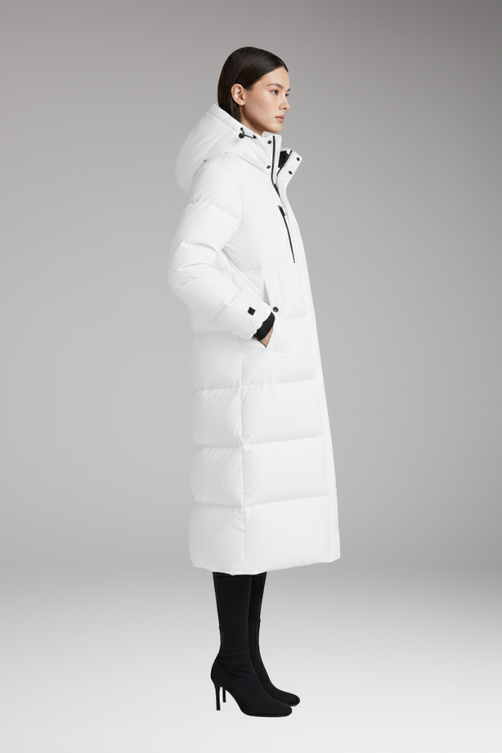 Women's Puffer Coat with Hood and Long Quilted Design