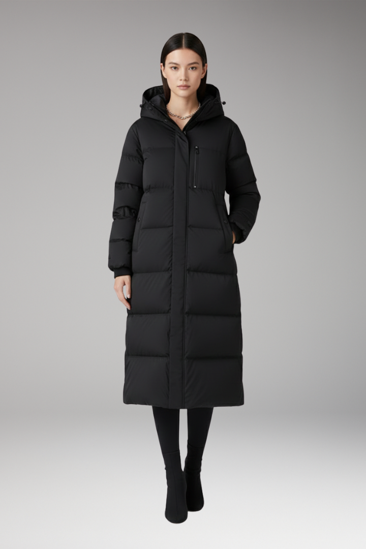 Women's Puffer Coat with Hood and Long Quilted Design