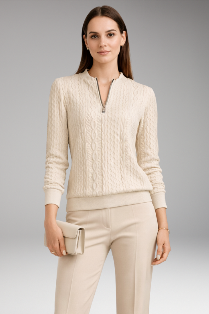 Women's Pullover with Front Zipper and Cable Surface