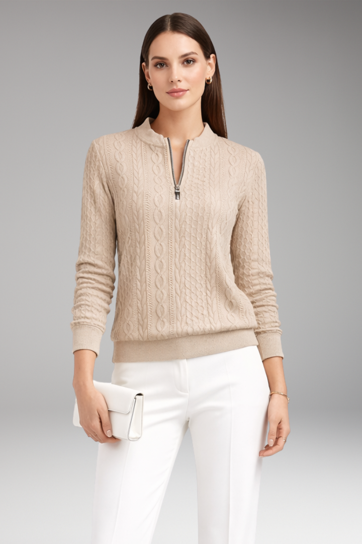 Women's Pullover with Front Zipper and Cable Surface