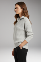 Women's Pullover with V-Neck and Half-Zip