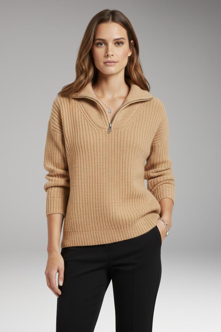 Women's Pullover with V-Neck and Half-Zip