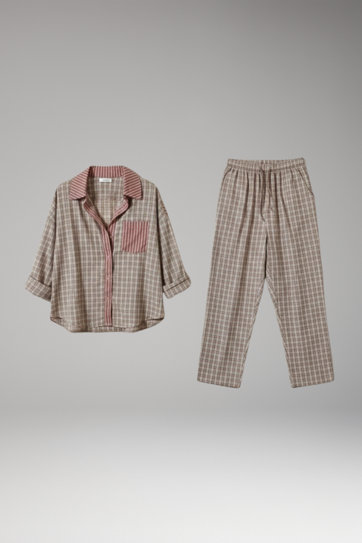 Women's Pyjama Top with Checked Surface and Contrasting Collar