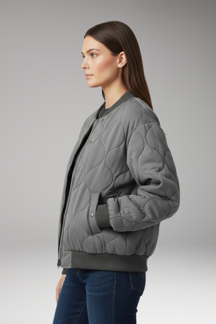 Women's Quilted Bomber Jacket with High Collar and Ribbed Edges